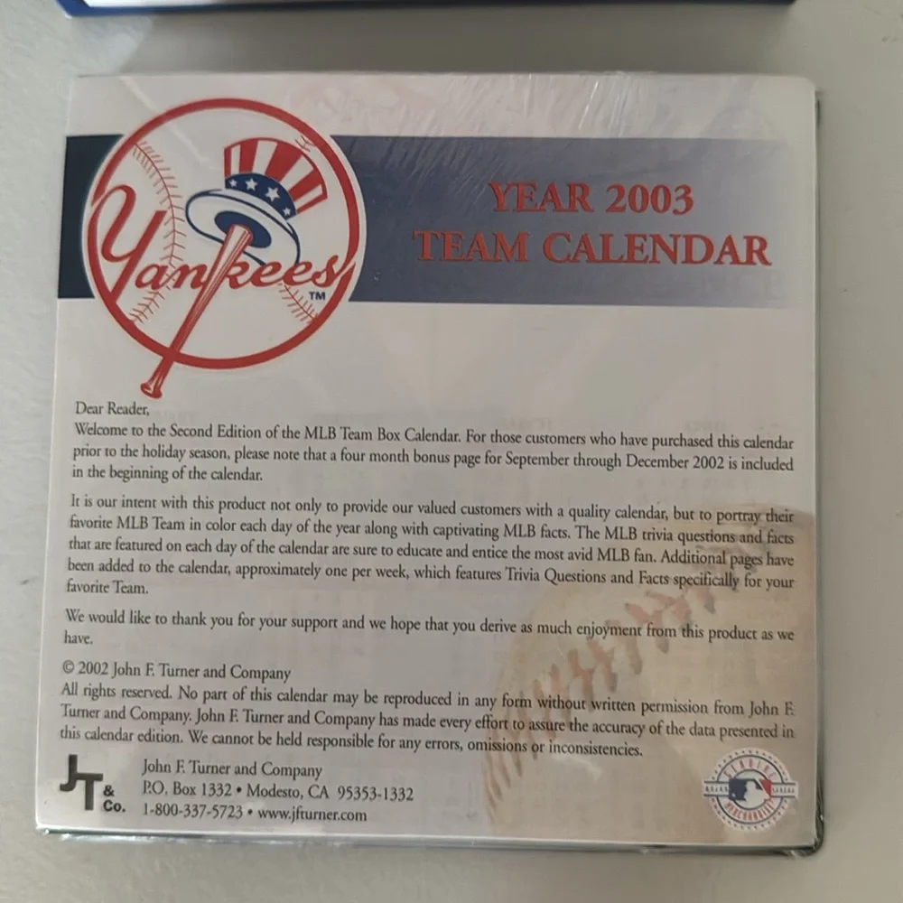 New York Yankees 2003 Box Calendar w/ Facts & Trivia MLB Official New Unopened